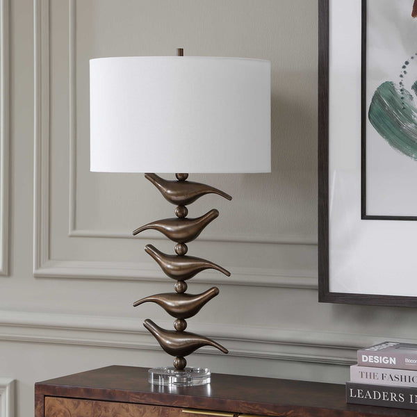 Uttermost Songbird Sculptural Iron Table Lamp with Crystal Base and Linen Drum Shade