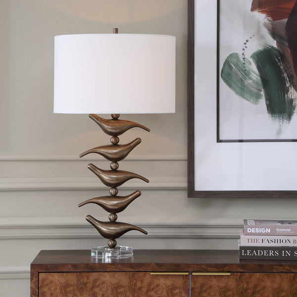 Uttermost Songbird Sculptural Iron Table Lamp with Crystal Base and Linen Drum Shade