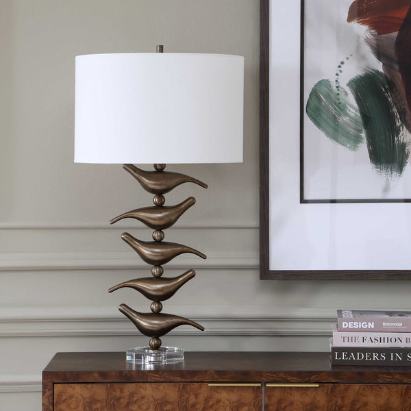 Uttermost Songbird Sculptural Iron Table Lamp with Crystal Base and Linen Drum Shade