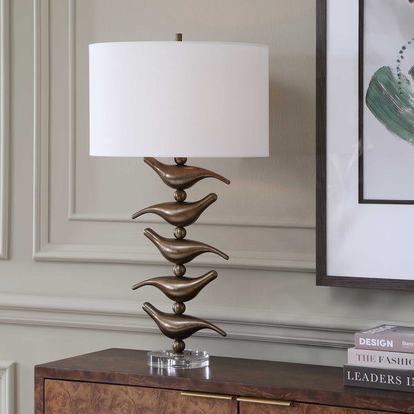 Uttermost Songbird Sculptural Iron Table Lamp with Crystal Base and Linen Drum Shade