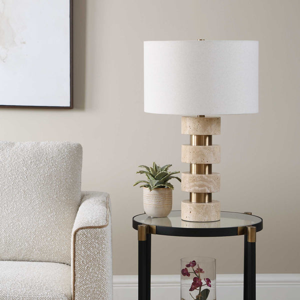 Uttermost Makani Stacked Travertine Totem Table Lamp with Antique Gold Iron Accents