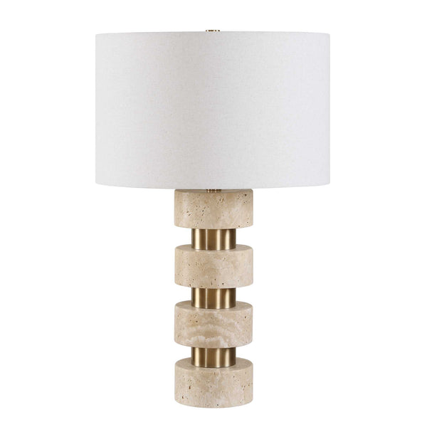 Uttermost Makani Stacked Travertine Totem Table Lamp with Antique Gold Iron Accents
