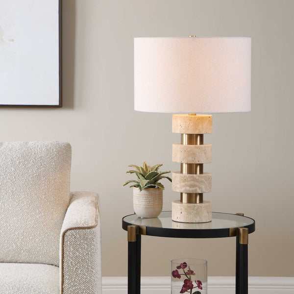 Uttermost Makani Stacked Travertine Totem Table Lamp with Antique Gold Iron Accents