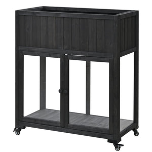 English Elm TOPMAX Mini Cold Frame Greenhouse with Fir Wood, Polycarbonate Doors, Raised Bed & Removable Wheels Black N717P229026B