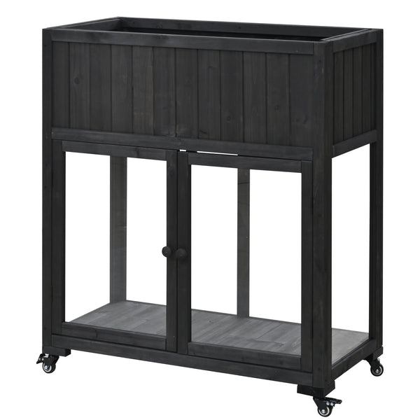 English Elm TOPMAX Mini Cold Frame Greenhouse with Fir Wood, Polycarbonate Doors, Raised Bed & Removable Wheels Black N717P229026B