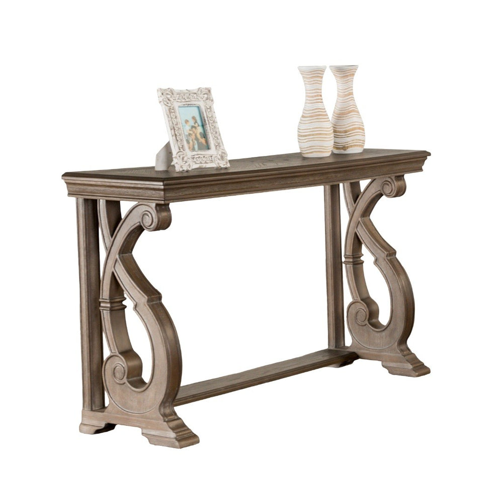 English Elm Traditional Sofa Table With Solid Wood Build, Curved Scroll Legs & Elegant Weather Oak Finish B2741P361129-GIGA