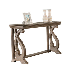 English Elm Traditional Sofa Table With Solid Wood Build, Curved Scroll Legs & Elegant Weather Oak Finish B2741P361129-GIGA