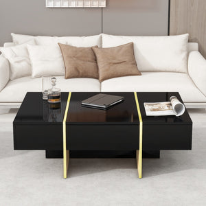 English Elm 47.2'' X 31.4''Minimalist High Gloss Coffee Table With 2 Drawers, Multi-Storage Rectangle Sofa Table With Golden Wood Grain Legs, Modern Center Table For Living Room, Black