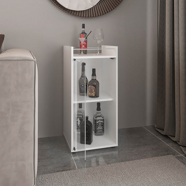 English Elm Theba Minibar Cabinet Kronos White — Compact Two-Door Bar Storage with Open Shelf for Small Spaces B200P335381