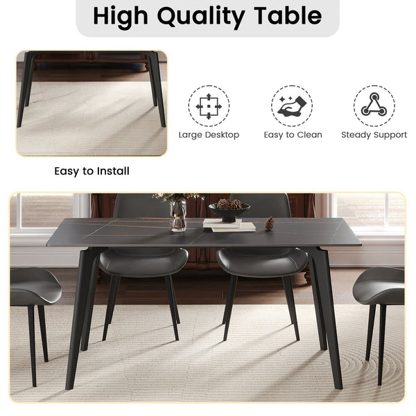 English Elm 62.99" Modern Artificial Stone Dining Table With Black Metal Legs – Seats 6 For Stylish Gatherings W1535S00513