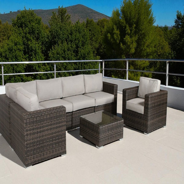 English Elm 5-Person Wicker Patio Set with Cushions Fully Assembled — 7-Piece Weatherproof Aluminum Sofa Set, Plush 5" Cushions Grey B120S00107