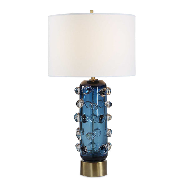 Uttermost Uttermost Aura Blue Glass Table Lamp with Brass Foot and White Linen Drum Shade 30780