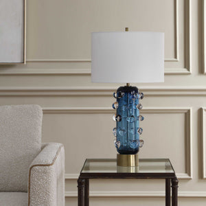 Uttermost Aura Blue Glass Table Lamp with Brass Foot and White Linen Drum Shade