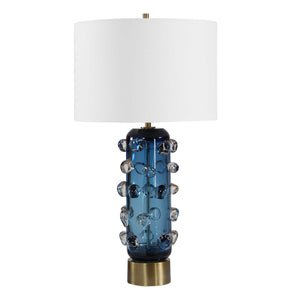 Uttermost Aura Blue Glass Table Lamp with Brass Foot and White Linen Drum Shade