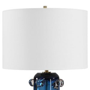 Uttermost Aura Blue Glass Table Lamp with Brass Foot and White Linen Drum Shade