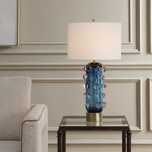 Uttermost Aura Blue Glass Table Lamp with Brass Foot and White Linen Drum Shade