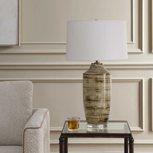 Uttermost Schneider Ceramic Table Lamp with Drip Glaze Antique Brass and Linen Shade