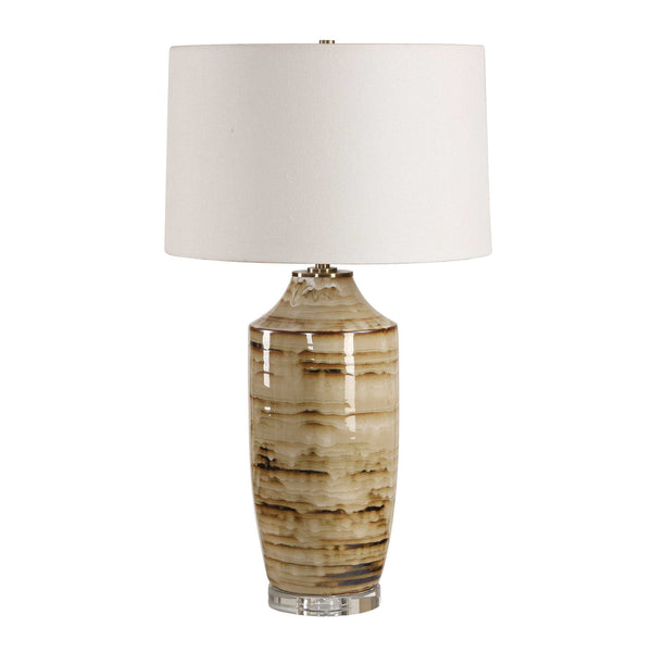 Uttermost Schneider Ceramic Table Lamp with Drip Glaze Antique Brass and Linen Shade