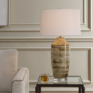 Uttermost Schneider Ceramic Table Lamp with Drip Glaze Antique Brass and Linen Shade