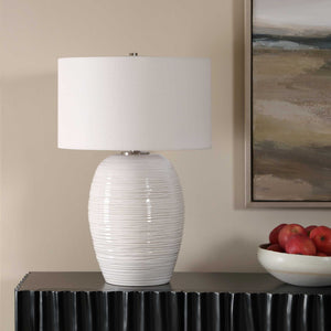 Uttermost Alkman Ribbed Ceramic Table Lamp with White Linen Shade Coastal Accent