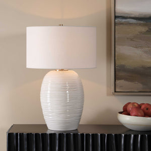 Uttermost Alkman Ribbed Ceramic Table Lamp with White Linen Shade Coastal Accent