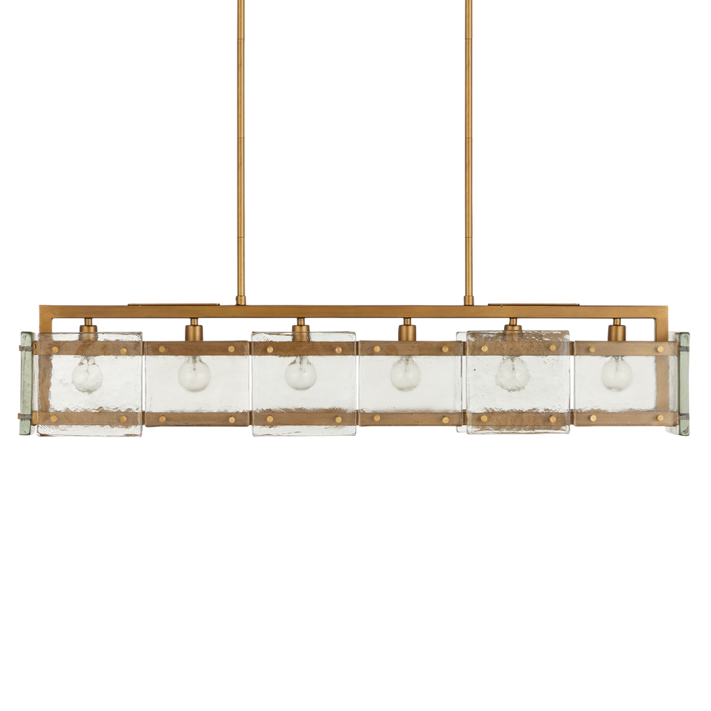 Countervail Rectangular Chandelier - Unique Handcrafted Cast Glass & Antique Brass Design, 6 Lights