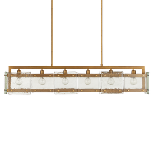 Countervail Rectangular Chandelier - Unique Handcrafted Cast Glass & Antique Brass Design, 6 Lights