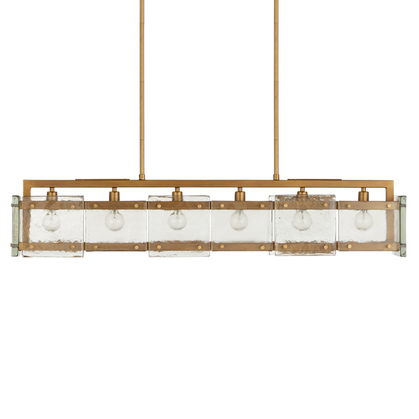 Countervail Rectangular Chandelier - Unique Handcrafted Cast Glass & Antique Brass Design, 6 Lights