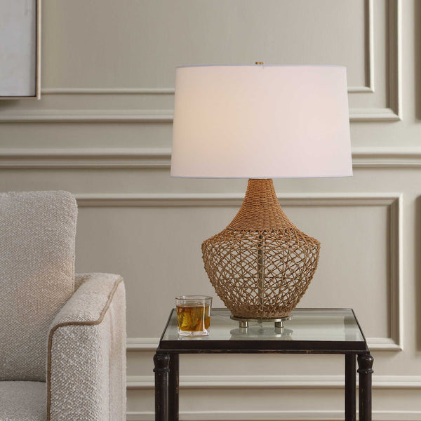 Uttermost Samori Handwoven Rattan Table Lamp with Linen Shade and Brass Accents