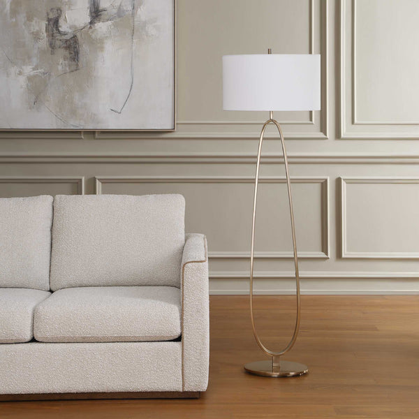 Uttermost Tordin Oval Iron Frame Floor Lamp with Linen Shade for Modern Interiors