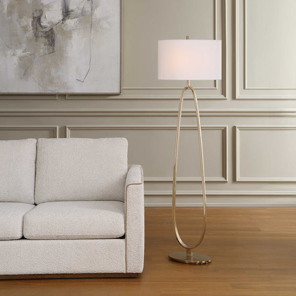 Uttermost Tordin Oval Iron Frame Floor Lamp with Linen Shade for Modern Interiors