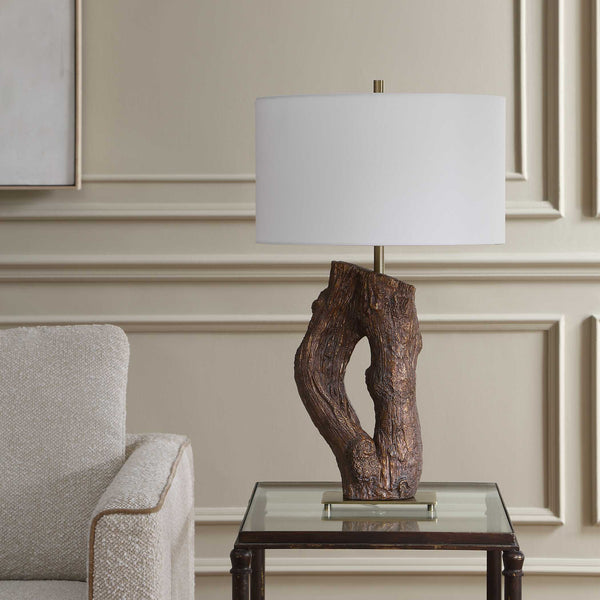 Uttermost Namath Sculptural Wood Base Table Lamp with Linen Shade Antique Brass Accent