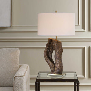 Uttermost Namath Sculptural Wood Base Table Lamp with Linen Shade Antique Brass Accent