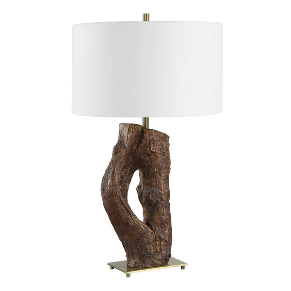 Uttermost Namath Sculptural Wood Base Table Lamp with Linen Shade Antique Brass Accent