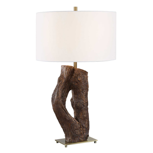 Uttermost Namath Sculptural Wood Base Table Lamp with Linen Shade Antique Brass Accent