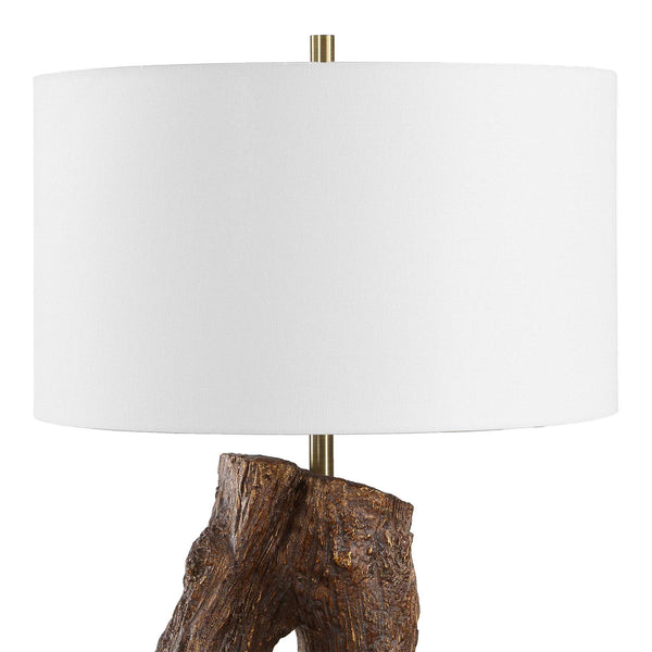 Uttermost Namath Sculptural Wood Base Table Lamp with Linen Shade Antique Brass Accent