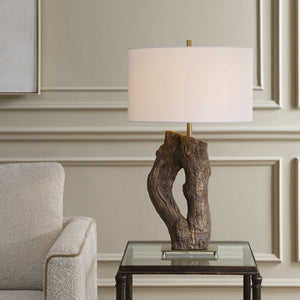 Uttermost Namath Sculptural Wood Base Table Lamp with Linen Shade Antique Brass Accent
