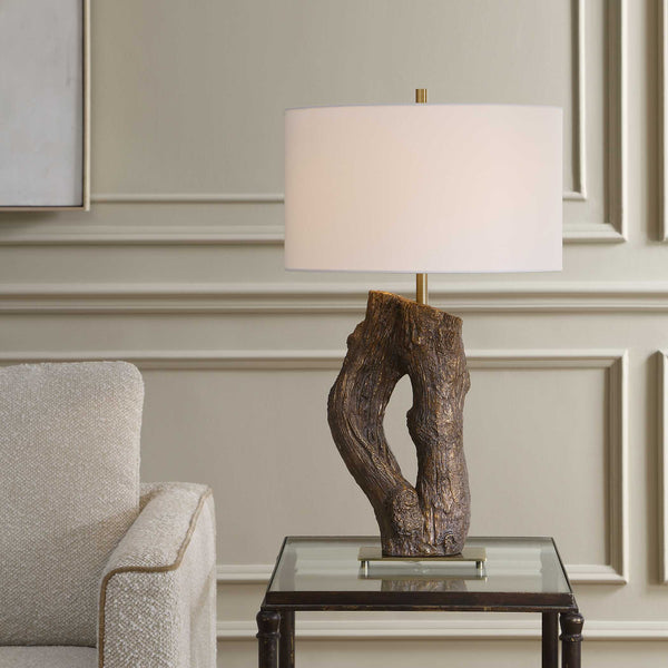 Uttermost Namath Sculptural Wood Base Table Lamp with Linen Shade Antique Brass Accent