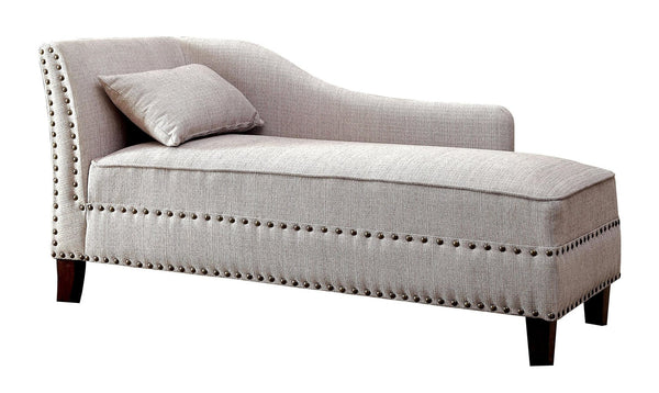 English Elm Modern Upholstered Chaise with Nailhead Trim and Curved Arm, Linen-Like Fabric, Dark Cherry Frame Beige 61 L x 26 W x 24 H B2741P305689