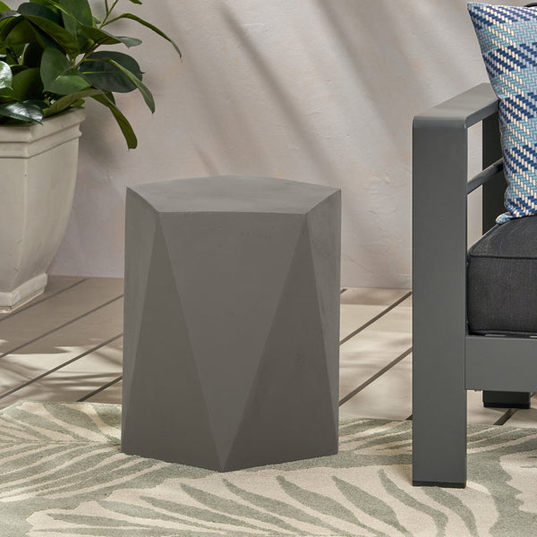 English Elm Christopher Knight Home® - APOLLO geometric concrete side table with gem-cut pentagon base, durable modern outdoor accent piece Light Gray 67525.00LGRY