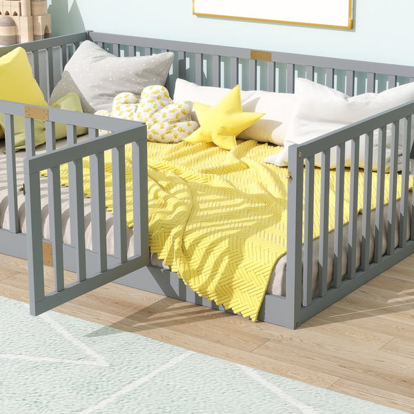 English Elm Twin Floor Bed Solid Rubber Wood with Tall Safety Railings for Toddler Sleep Grey W504P287657