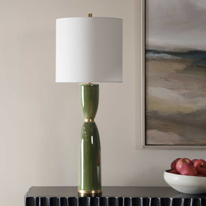 Uttermost Nacua Glossy Ceramic Hourglass Lamp with Antique Brass and Linen Shade