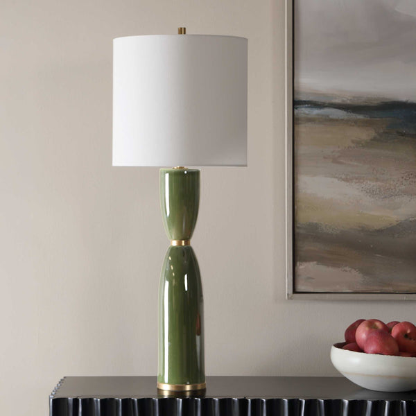 Uttermost Nacua Glossy Ceramic Hourglass Lamp with Antique Brass and Linen Shade