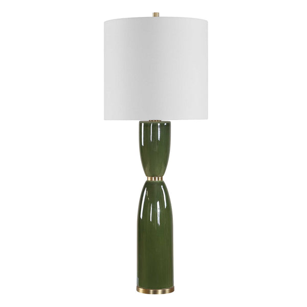 Uttermost Nacua Glossy Ceramic Hourglass Lamp with Antique Brass and Linen Shade