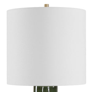 Uttermost Nacua Glossy Ceramic Hourglass Lamp with Antique Brass and Linen Shade