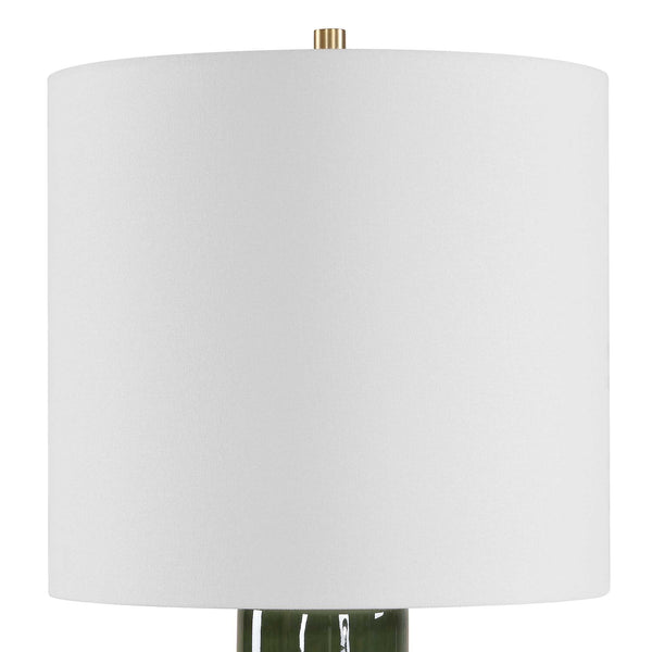 Uttermost Nacua Glossy Ceramic Hourglass Lamp with Antique Brass and Linen Shade