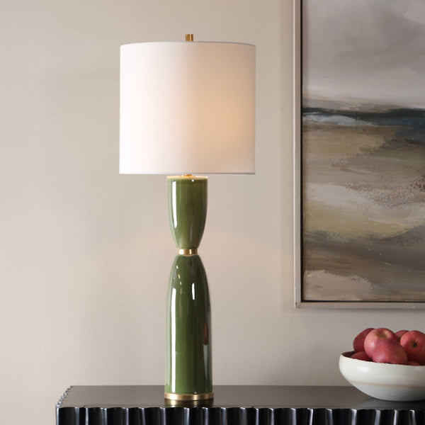 Uttermost Nacua Glossy Ceramic Hourglass Lamp with Antique Brass and Linen Shade