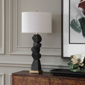 Uttermost Demelo Walnut Block Base Linen Drum Shade Table Lamp for Modern Interiors