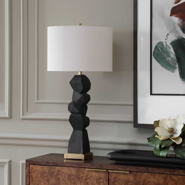 Uttermost Demelo Walnut Block Base Linen Drum Shade Table Lamp for Modern Interiors