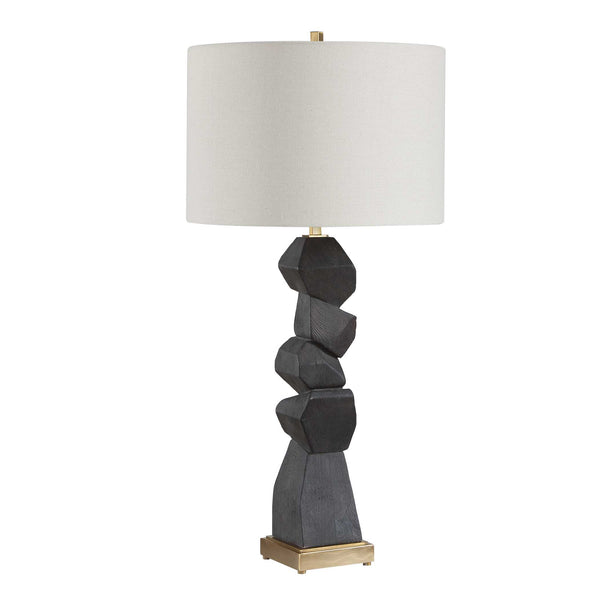 Uttermost Demelo Walnut Block Base Linen Drum Shade Table Lamp for Modern Interiors